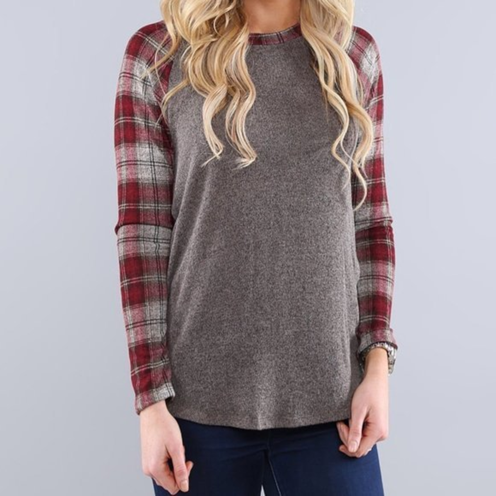EUC Coffee & Burgundy Plaid Baseball Tunic - Women